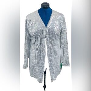 KANCY KOLE Women's‎ Sequin Jacket Open Front Blazer Long Sleeves Sz L Silver